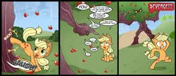 Size: 1500x656 | Tagged: safe, artist:madmax, derpibooru import, applejack, earth pony, ent, pony, apple, apple tree, applebucking, chase, comic, cowboy hat, dialogue, female, food, hat, kicking, living object, mare, pointing, running, scared, stetson, tree