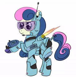 Size: 615x626 | Tagged: safe, artist:bunnimation, derpibooru import, bon bon, sweetie drops, earth pony, pony, armor, female, hmd, mare, newbie artist training grounds, photoshop, raised hoof, science fiction, simple background, solo, white background