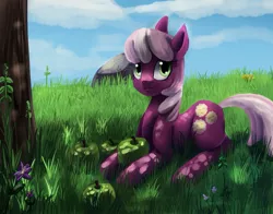 Size: 1075x841 | Tagged: safe, artist:terrac0tta, derpibooru import, cheerilee, earth pony, pony, apple, dappled sunlight, female, flower, grass, mare, prone, rock, solo, tree