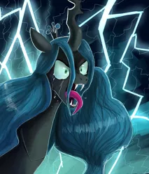 Size: 850x1000 | Tagged: safe, artist:terrac0tta, derpibooru import, queen chrysalis, changeling, changeling queen, angry, bust, crying, fangs, female, frown, image, jpeg, lightning, open mouth, shrunken pupils, solo, tongue out