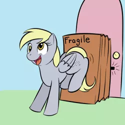 Size: 800x800 | Tagged: safe, artist:kloudmutt, derpibooru import, derpy hooves, pegasus, pony, door, female, fragile, mare, package, pushing, smiling, solo