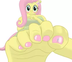 Size: 844x730 | Tagged: suggestive, artist:dactdigityl, derpibooru import, fluttershy, anthro, plantigrade anthro, barefoot, blushing, breasts, feet, female, fetish, foot fetish, foot focus, nail art, nail polish, simple background, solo, solo female, white background