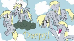 Size: 2128x1200 | Tagged: safe, artist:bunnimation, derpibooru import, derpy hooves, pegasus, pony, the last roundup, cloud, cloudy, cutie mark, electrocution, eyes closed, female, floppy ears, flying, happy, hooves, i just don't know what went wrong, injured, mare, on a cloud, open mouth, photoshop, solo, spread wings, stormcloud, teeth, text, wings, yellow text