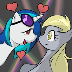 Size: 1000x1000 | Tagged: safe, artist:kloudmutt, derpibooru import, derpy hooves, vinyl scratch, pegasus, pony, twinkle eyed pony, unicorn, abstract background, derpyscratch, eye contact, female, lesbian, looking at each other, mare, shipping