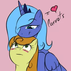 Size: 600x600 | Tagged: safe, artist:kloudmutt, derpibooru import, carrot top, golden harvest, princess luna, alicorn, earth pony, pony, blushing, female, heart, lesbian, lunatop, mare, neck nuzzle, nuzzling, s1 luna, shipping, simple background, smiling