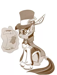 Size: 2550x3300 | Tagged: safe, artist:bunnimation, derpibooru import, twilight sparkle, pony, unicorn, cape, clothes, female, glasses, hat, high res, magic, mare, monochrome, photoshop, simple background, sitting, solo, steampunk, tail wrap, top hat, white background
