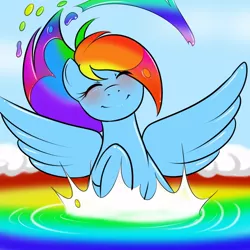 Size: 1000x1000 | Tagged: safe, artist:kloudmutt, derpibooru import, rainbow dash, pegasus, pony, blushing, cloud, cloudsdale, eyes closed, female, happy, liquid rainbow, mare, rainbow, raised hoof, smiling, solo, splashing, spread wings, swimming pool, wet mane