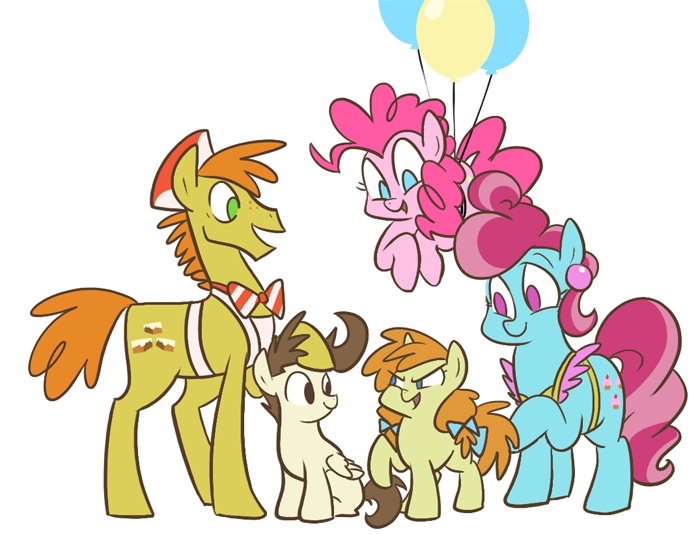 Size: 700x534 | Tagged: dead source, safe, artist:egophiliac, derpibooru import, carrot cake, cup cake, pinkie pie, pound cake, pumpkin cake, earth pony, pegasus, pony, unicorn, slice of pony life, apron, balloon, bow, cake family, cake twins, clothes, colt, cute, family, female, filly, floating, glare, hair bow, male, mare, no pupils, older, older pound cake, older pumpkin cake, open mouth, raised hoof, simple background, sitting, smiling, smirk, stallion, tail bow, the cakes, then watch her balloons lift her up to the sky, white background
