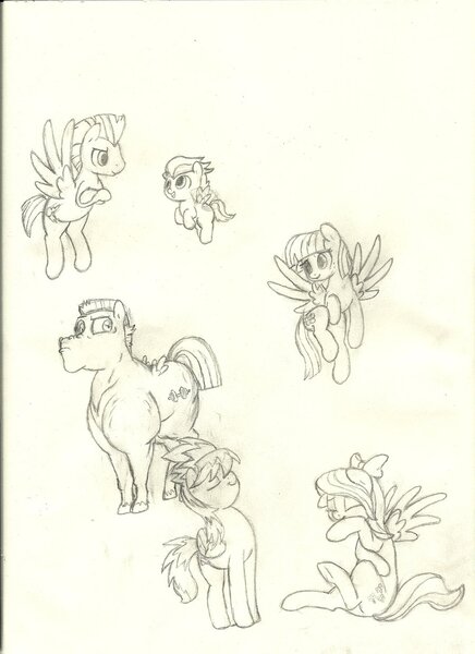 Size: 900x1238 | Tagged: safe, artist:mon311, derpibooru import, blossomforth, bulk biceps, cloudchaser, flitter, rumble, thunderlane, pegasus, pony, hurricane fluttershy, brawn, colt, female, male, mare, monochrome, sketch, stallion, traditional art