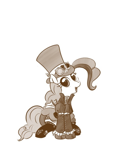 Size: 638x825 | Tagged: safe, artist:bunnimation, derpibooru import, pinkie pie, earth pony, pony, clothes, dress, female, goggles, hat, mare, monochrome, photoshop, simple background, sitting, solo, steampunk, top hat, white background