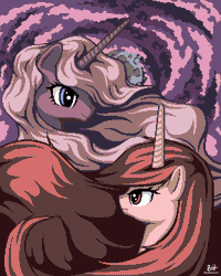 Size: 576x720 | Tagged: source needed, useless source url, safe, artist:pix3m, derpibooru import, oc, unofficial characters only, pony, unicorn, abstract background, bust, duo, female, limited palette, long mane, mare, pixel art