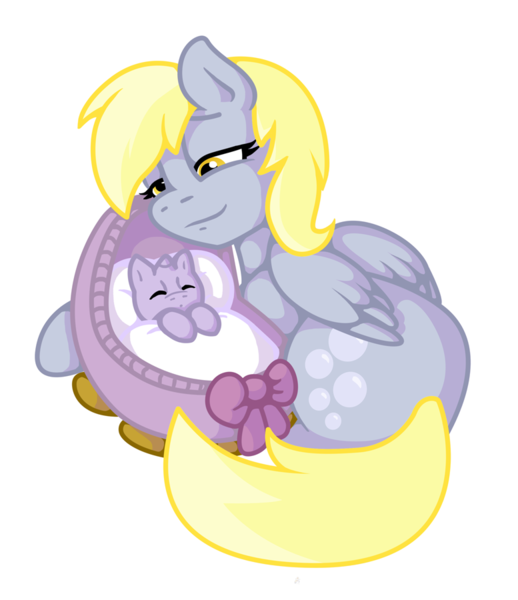 Size: 777x900 | Tagged: safe, artist:raygirl, derpibooru import, derpy hooves, dinky hooves, pegasus, pony, unicorn, baby, baby pony, crib, cute, daaaaaaaaaaaw, derpabetes, dinkabetes, duo, duo female, equestria's best mother, female, foal, lidded eyes, mare, outline, prone, ribbon, simple background, sleeping, smiling, transparent background