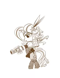 Size: 2550x3300 | Tagged: safe, artist:bunnimation, derpibooru import, trixie, pony, unicorn, bipedal, clothes, female, gun, handgun, hat, high res, mare, monochrome, photoshop, revolver, simple background, solo, steampunk, weapon, white background