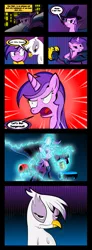 Size: 1137x3096 | Tagged: safe, artist:miroslav46, derpibooru import, amethyst star, gilda, mare do well, gryphon, pony, unicorn, the mysterious mare do well, background pony, comic, darkwing duck, duo, duo female, dweeb, female, food, glowing horn, horn, let's get dangerous, levitation, magic, magic aura, mare, parody, peanut butter, telekinesis, that pony sure loves peanut butter, unimpressed