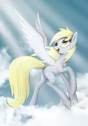 Size: 1692x2415 | Tagged: safe, artist:ardas91, derpibooru import, derpy hooves, pegasus, pony, cloud, female, flying, happy, looking back, mare, sky, solo, sunshine