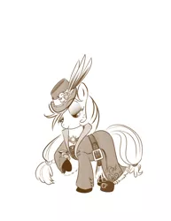Size: 638x825 | Tagged: safe, artist:bunnimation, derpibooru import, applejack, earth pony, pony, classy, clothes, dress, feather, female, mare, monochrome, photoshop, simple background, solo, steampunk, watch, white background
