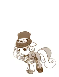 Size: 638x825 | Tagged: safe, artist:bunnimation, derpibooru import, sweetie belle, pony, unicorn, clothes, female, filly, goggles, hat, monochrome, photoshop, raised hoof, simple background, solo, steampunk, top hat, white background