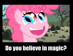 Size: 668x517 | Tagged: safe, derpibooru import, pinkie pie, earth pony, pony, caption, filly, foal, grin, magic, rainbow, rainbow eyes, smiling, solo