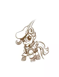 Size: 638x825 | Tagged: safe, artist:bunnimation, derpibooru import, scootaloo, pegasus, pony, clothes, feather, female, filly, hat, monochrome, photoshop, simple background, solo, steampunk, white background