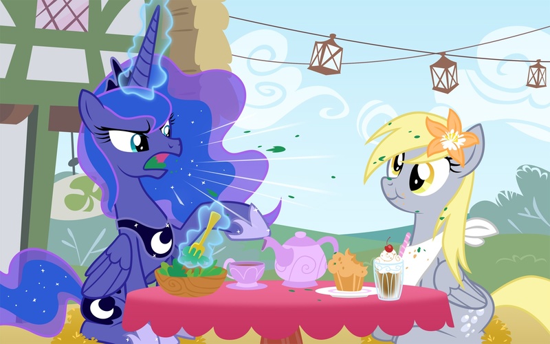 Size: 1750x1094 | Tagged: safe, artist:equestria-prevails, derpibooru import, derpy hooves, princess luna, alicorn, pegasus, pony, duo, duo female, eating, female, flower, flower in hair, food, fork, lunch, mare, muffin, table, traditional royal canterlot voice