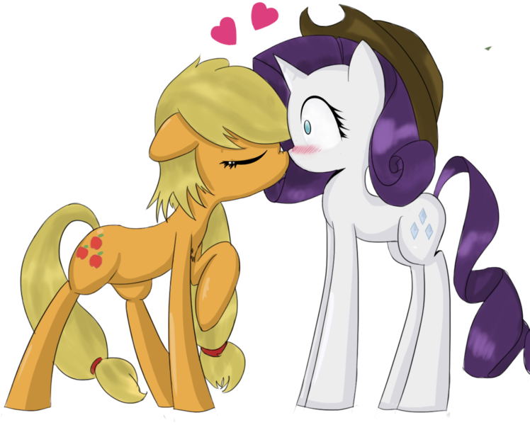 Size: 1245x998 | Tagged: safe, artist:prozenconns, derpibooru import, applejack, rarity, earth pony, pony, unicorn, blushing, eyes closed, female, heart, lesbian, mare, no pupils, raised hoof, rarijack, shipping, simple background, surprised, transparent background