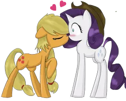 Size: 1245x998 | Tagged: safe, artist:prozenconns, derpibooru import, applejack, rarity, earth pony, pony, unicorn, blushing, eyes closed, female, heart, lesbian, mare, no pupils, raised hoof, rarijack, shipping, simple background, surprised, transparent background