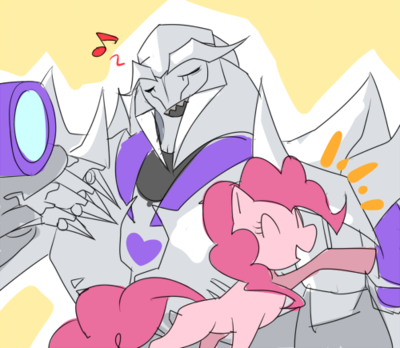 Size: 400x348 | Tagged: artist needed, safe, derpibooru import, pinkie pie, earth pony, pony, crossover, duo, eyes closed, female, hot nuts, mare, megatron, singing, smiling, transformers