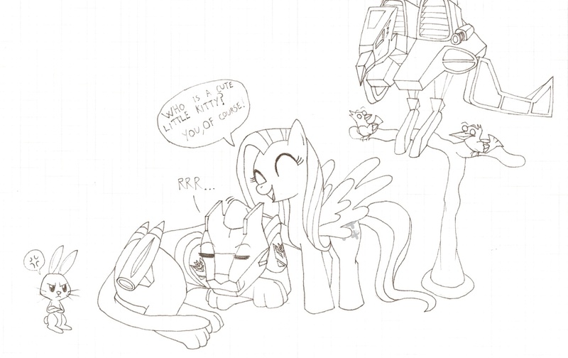 Size: 2122x1336 | Tagged: artist needed, safe, derpibooru import, angel bunny, fluttershy, bird, pegasus, pony, crossover, female, laserbeak, mare, monochrome, petting, ravage, transformers