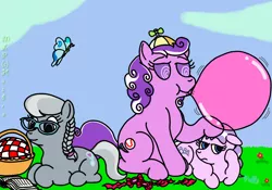 Size: 1280x896 | Tagged: safe, artist:puffydearlysmith, derpibooru import, diamond tiara, screwball, silver spoon, butterfly, earth pony, pony, annoyed, book, boring, bubblegum, female, filly, headcanon, mare, picnic, picnic basket, prone, reading, sisters, sitting