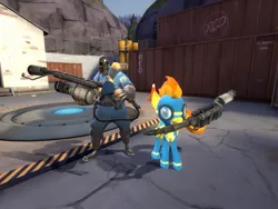 Size: 900x675 | Tagged: safe, artist:pika-robo, derpibooru import, spitfire, human, pegasus, pony, 3d, clothes, duo, female, flamethrower, gmod, goggles, mare, mouth hold, pyro, team fortress 2, uniform, weapon, wonderbolts uniform