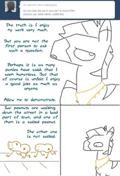 Size: 682x1000 | Tagged: artist:the weaver, ask ice pack, comic, derpibooru import, joke, male, monty python, not salmon, oc, oc:ice pack, peanut, pun, safe, simple background, solo, stallion, the funniest joke in the world, tumblr, unofficial characters only, wat, white background, zebra