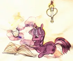 Size: 600x497 | Tagged: safe, artist:muura, derpibooru import, twilight sparkle, pony, unicorn, book, candle, female, mare, mug, pillow, prone, reading, solo, traditional art, watercolor painting