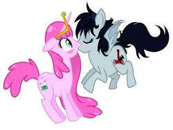 Size: 900x675 | Tagged: safe, artist:sirgalahadbw, derpibooru import, ponified, alicorn, bat pony, pony, adventure time, blushing, bubbline, female, kissing, lesbian, marceline, mare, princess bubblegum, shipping, simple background, transparent background