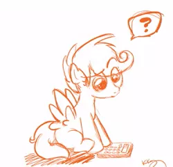 Size: 383x368 | Tagged: safe, artist:bunnimation, derpibooru import, scootaloo, pegasus, pony, calculator, confused, female, filly, lineart, monochrome, photoshop, question mark, request, simple background, sitting, solo