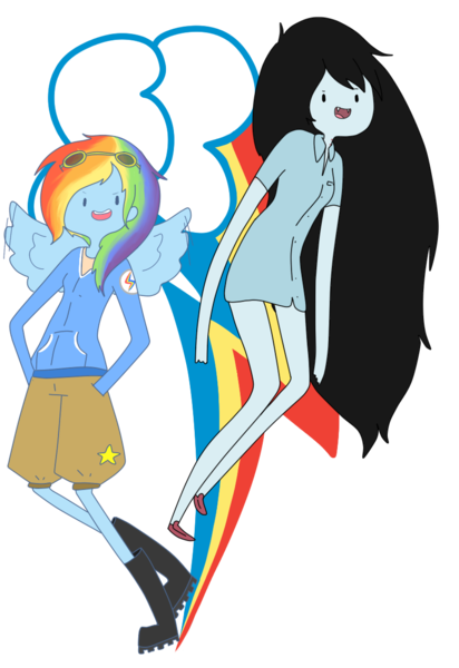 Size: 816x1189 | Tagged: adventure time, artist:giraffewizardry, blue skin, crossover, cutie mark background, derpibooru import, duo, female, human, humanized, marceline, pony coloring, rainbow dash, safe, winged humanization