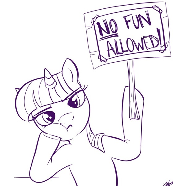 Size: 638x685 | Tagged: safe, artist:bunnimation, derpibooru import, twilight sparkle, pony, unicorn, female, lineart, looking at you, mare, monochrome, no fun allowed, photoshop, reaction image, sign, simple background, solo, unicorn twilight