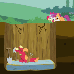 Size: 512x512 | Tagged: safe, derpibooru import, edit, edited screencap, screencap, apple bloom, big macintosh, scootaloo, sweetie belle, earth pony, pegasus, pony, unicorn, hearts and hooves day (episode), animated, cinemagraph, cutie mark crusaders, faceplant, female, filly, hearts and hooves day, hole, loop, male, mattress, pit, plot, shovel, stallion, twitch