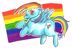 Size: 500x335 | Tagged: safe, artist:muura, derpibooru import, rainbow dash, pegasus, pony, female, flag, flying, gay pride, gay pride flag, lgbt, mare, pride, pride flag, solo