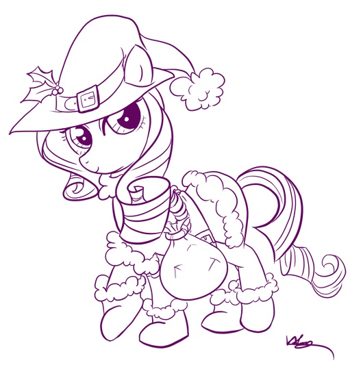 Size: 511x536 | Tagged: safe, artist:bunnimation, derpibooru import, rarity, pony, unicorn, clothes, dress, female, hat, holly, mare, monochrome, photoshop, request, sack, santa hat, santa sack, simple background, solo