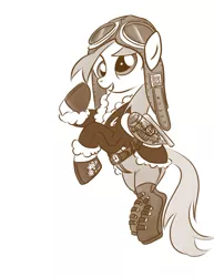 Size: 638x825 | Tagged: safe, artist:bunnimation, derpibooru import, derpy hooves, pony, aviator hat, bomber jacket, boots, clothes, female, flying, goggles, hat, mare, monochrome, photoshop, simple background, solo, steampunk, white background