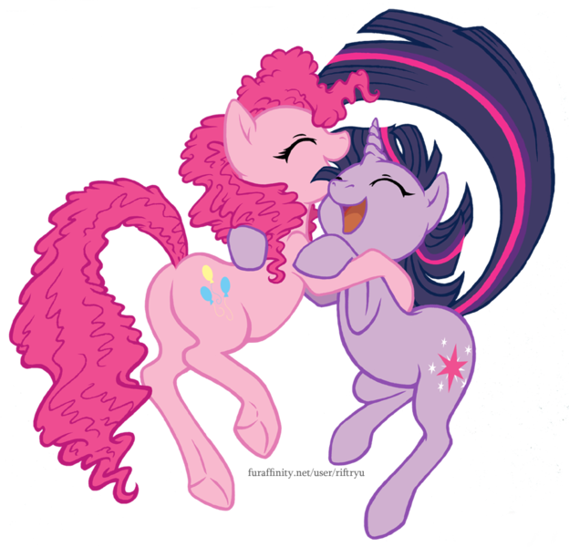 Size: 945x908 | Tagged: safe, artist:riftryu, derpibooru import, pinkie pie, twilight sparkle, earth pony, pony, unicorn, balloonbutt, butt, dancing, eyes closed, female, happy, hug, lesbian, mare, open mouth, plot, raised tail, shipping, simple background, smiling, transparent background, twinkie