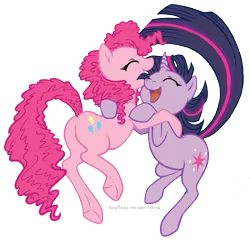 Size: 945x908 | Tagged: safe, artist:riftryu, derpibooru import, pinkie pie, twilight sparkle, earth pony, pony, unicorn, balloonbutt, butt, dancing, eyes closed, female, happy, hug, lesbian, mare, open mouth, plot, raised tail, shipping, simple background, smiling, transparent background, twinkie