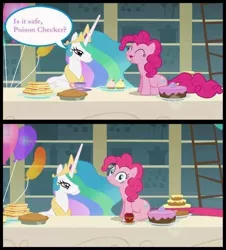 Size: 652x720 | Tagged: safe, derpibooru import, edit, edited screencap, screencap, pinkie pie, princess celestia, alicorn, earth pony, pony, a bird in the hoof, balloon, cake, comic, duo, duo female, eating, female, mare, pie, poison, screencap comic