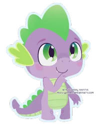 Size: 306x382 | Tagged: safe, artist:miss-glitter, derpibooru import, spike, dragon, baby, baby dragon, blushing, chibi, cute, eyebrows, fangs, green eyes, looking up, male, obtrusive watermark, outline, signature, simple background, smiling, solo, spikabetes, transparent background