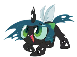Size: 574x426 | Tagged: safe, artist:briskby, derpibooru import, queen chrysalis, changeling, changeling queen, nymph, big eyes, cute, cutealis, fangs, female, frown, image, open mouth, png, pounce, simple background, solo, transparent background, younger