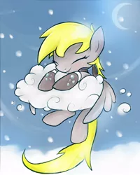 Size: 500x626 | Tagged: safe, artist:sunnybunnyi, derpibooru import, derpy hooves, pegasus, pony, clothes, cloud, cute, derpabetes, eyes closed, female, mare, moon, scarf, sky, socks, solo