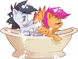 Size: 500x381 | Tagged: safe, artist:thegamercolt, derpibooru import, scootaloo, oc, pegasus, pony, bath, bathtub, blushing, canon x oc, colt, female, filly, male, shipping, simple background, straight, transparent background