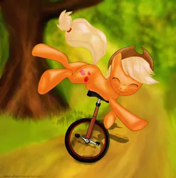 Size: 2076x2098 | Tagged: dead source, safe, artist:hereticalrants, derpibooru import, applejack, earth pony, pony, applejack's hat, cowboy hat, female, funny, happy, hat, high res, mare, silly, silly pony, solo, unicycle, who's a silly pony