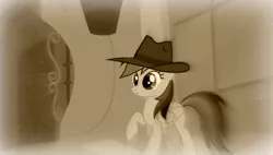 Size: 638x362 | Tagged: safe, derpibooru import, daring do, pegasus, pony, daring do and the trials of zenith, fedora, female, hat, mare, raised hoof, sepia, solo