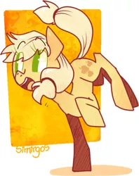 Size: 542x685 | Tagged: safe, artist:simirgos, derpibooru import, applejack, earth pony, pony, abstract background, female, happy, mare, no pupils, prancing, smiling, solo